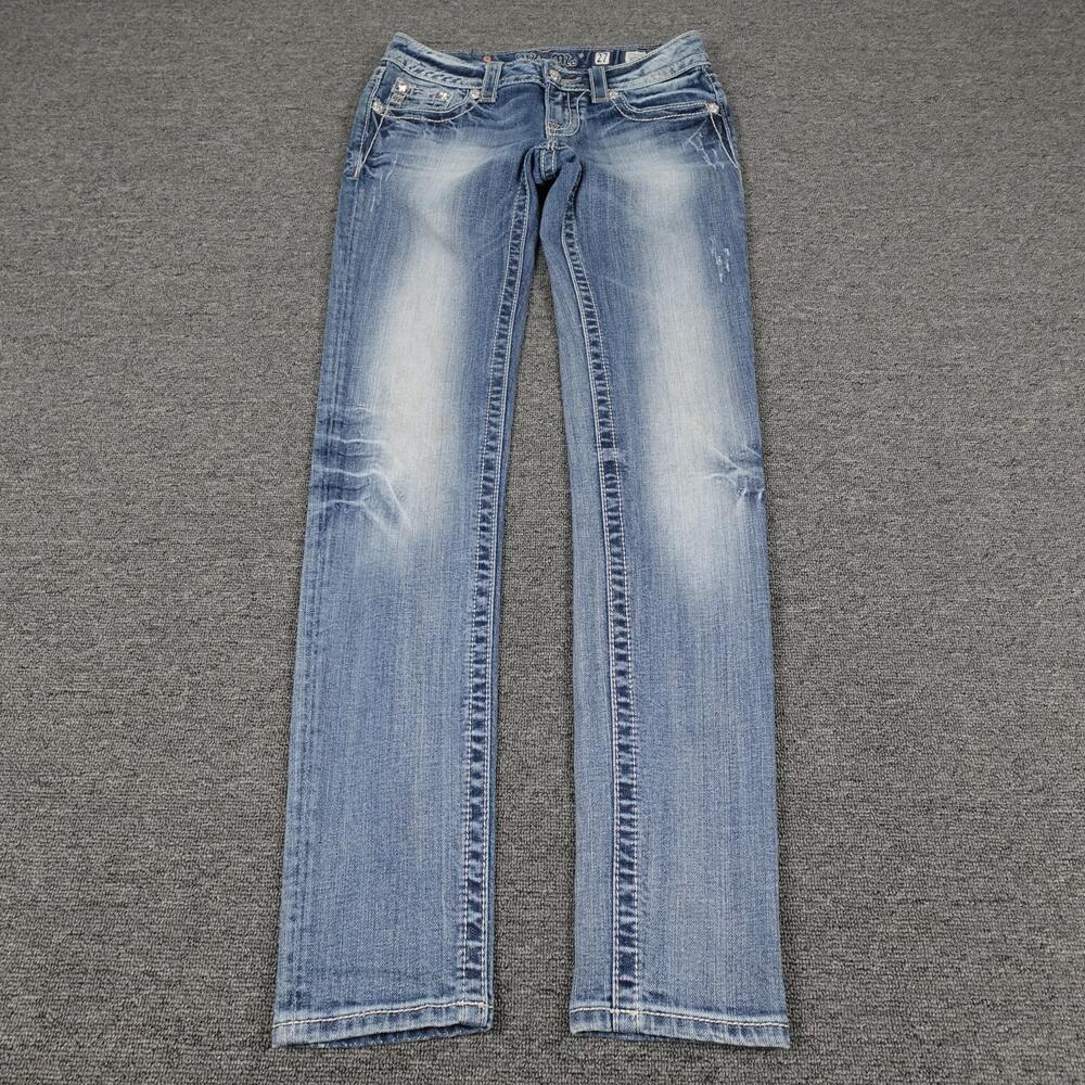 Miss Me Jeans Womens 27 Blue Medium Wash Low Rise Skinny Embellished Rhinestone